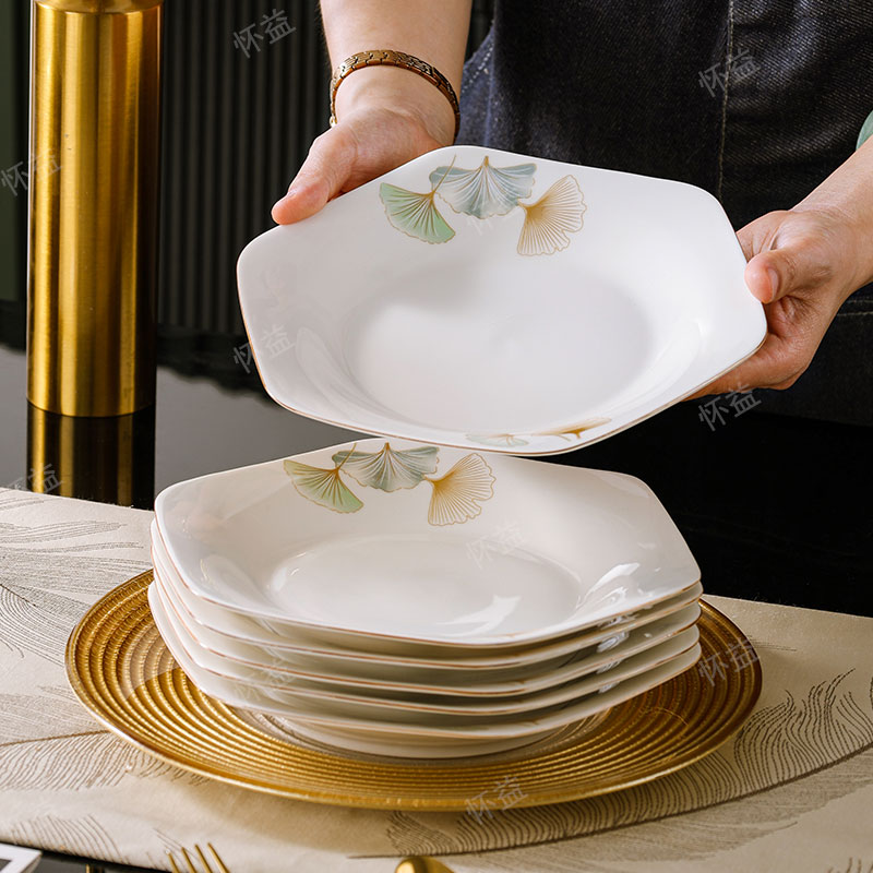 【银杏时光】六角盘2只家用高颜值陶瓷中式碗盘防烫个性套装