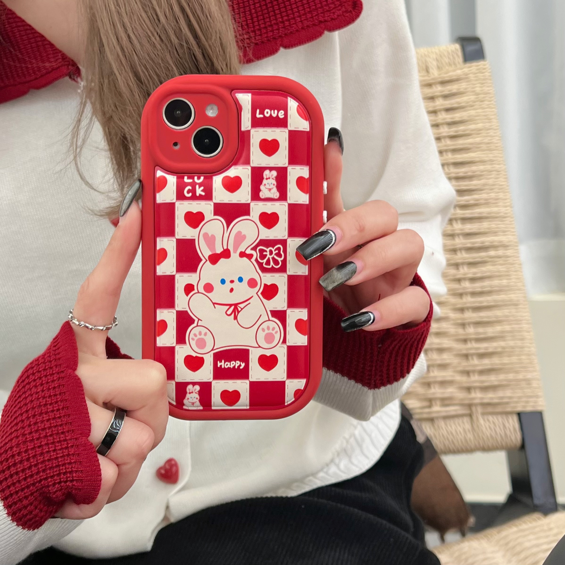 (苹果)爱心兔子卡通可爱新年龙适用iPhone15promax立体鼓包手机壳