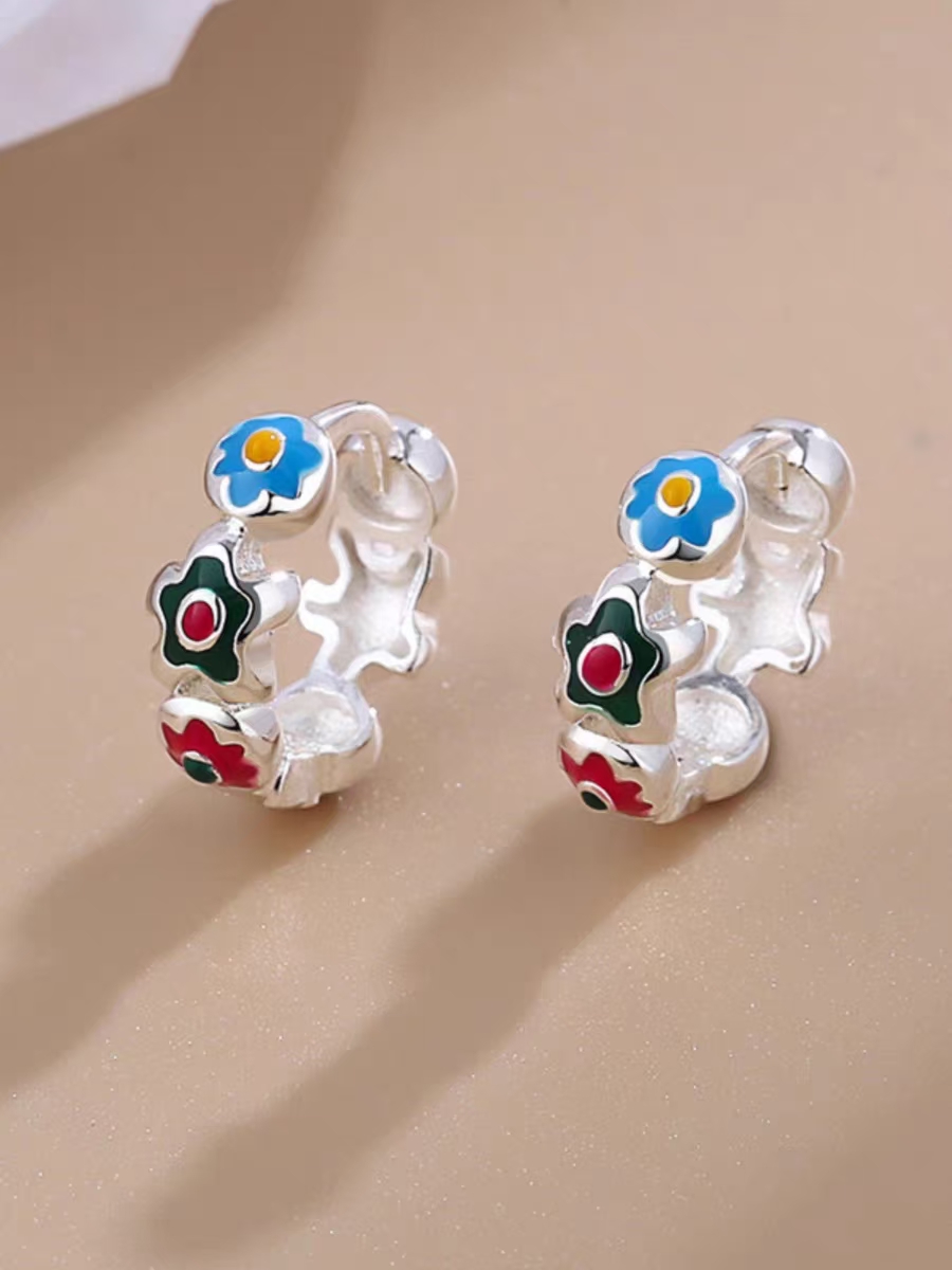 足银耳饰 足银990【滴釉珐琅彩耳扣】彩色花朵耳环 甜美小众