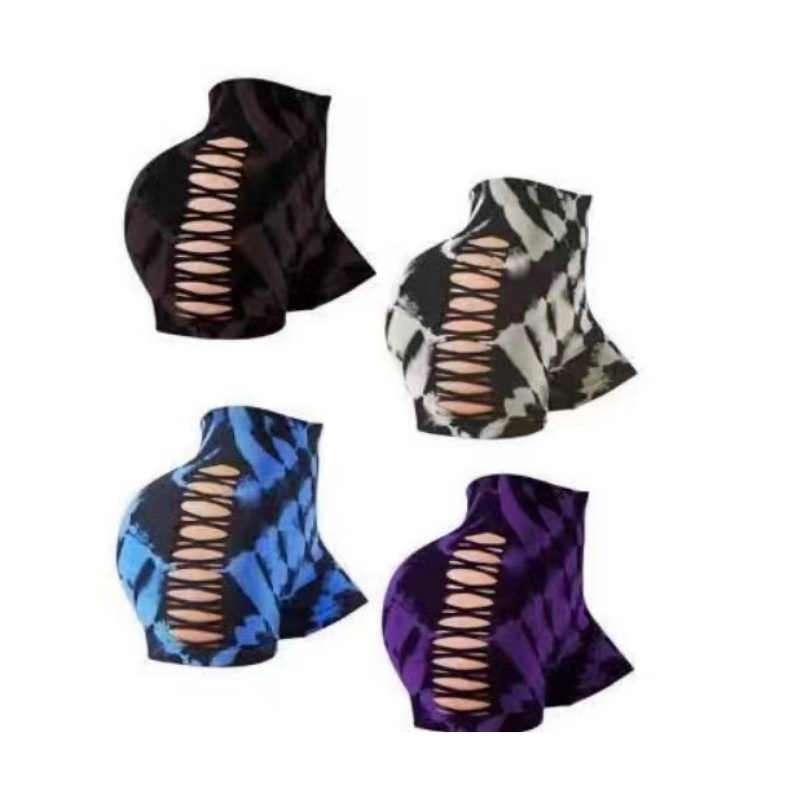 高腰侧边镂空透气速干扎染紧身撸铁训练欧美蜜桃臀三分健身裤性感