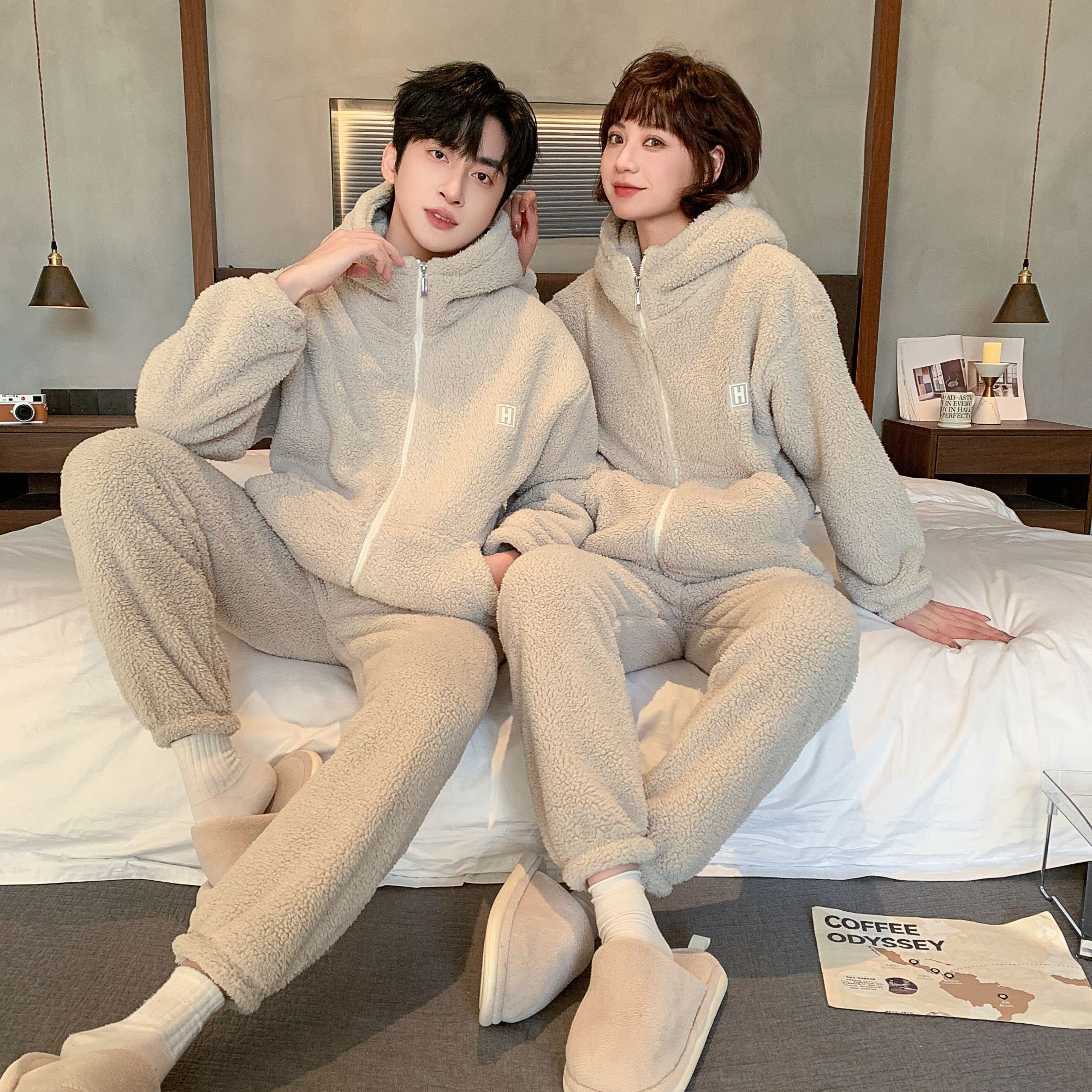 北羔绒加绒加厚男女同款大码冬季家居服可外穿保暖睡衣套装