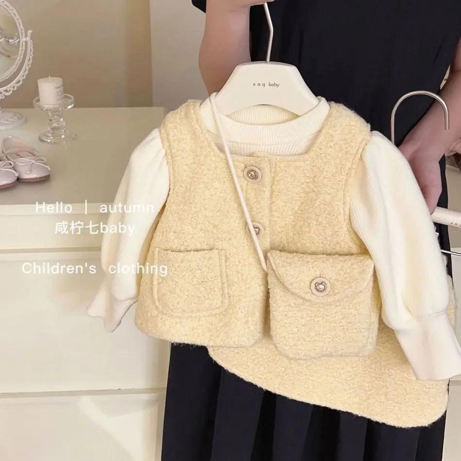 套装洋气小香风韩版新款女宝宝甜美毛呢加绒马甲半裙套装