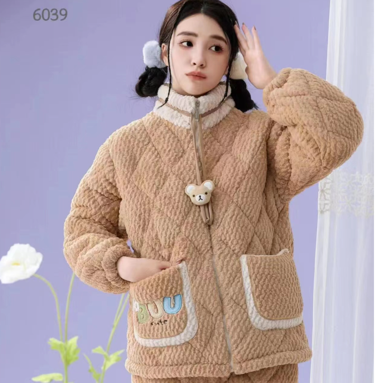 6039冬季三层外穿夹棉加厚女睡衣珊瑚绒甜美家居服套装毛绒家居服