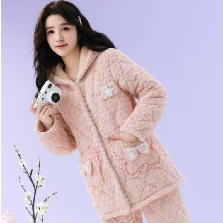 6060秋冬新款冬天夹棉粉色外穿款时尚连帽睡衣女套装加绒宽松休闲