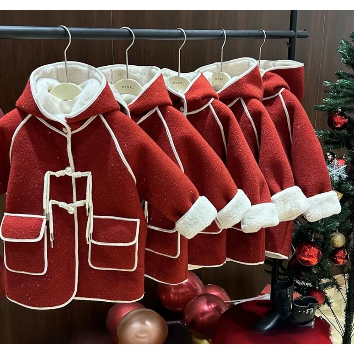 2024女童加绒毛呢外套冬装新款儿童呢子大衣宝宝红色过年装拜年服