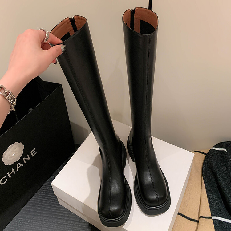 【牛皮】跟高4.5cm小个子女靴百搭秋冬长筒靴英伦风高筒靴