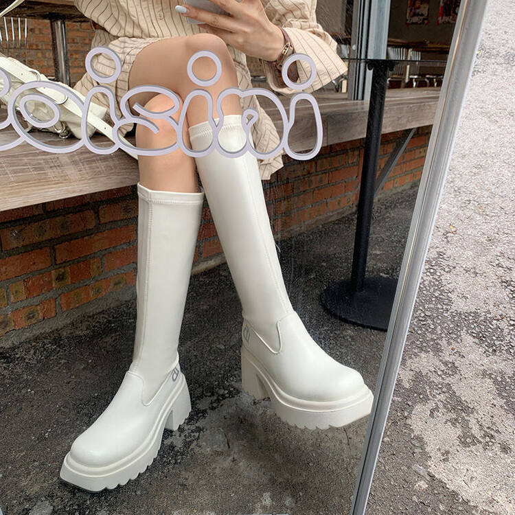 【牛皮】跟高8cm大小筒围高筒靴百搭真皮英伦风白色时尚圆头长靴