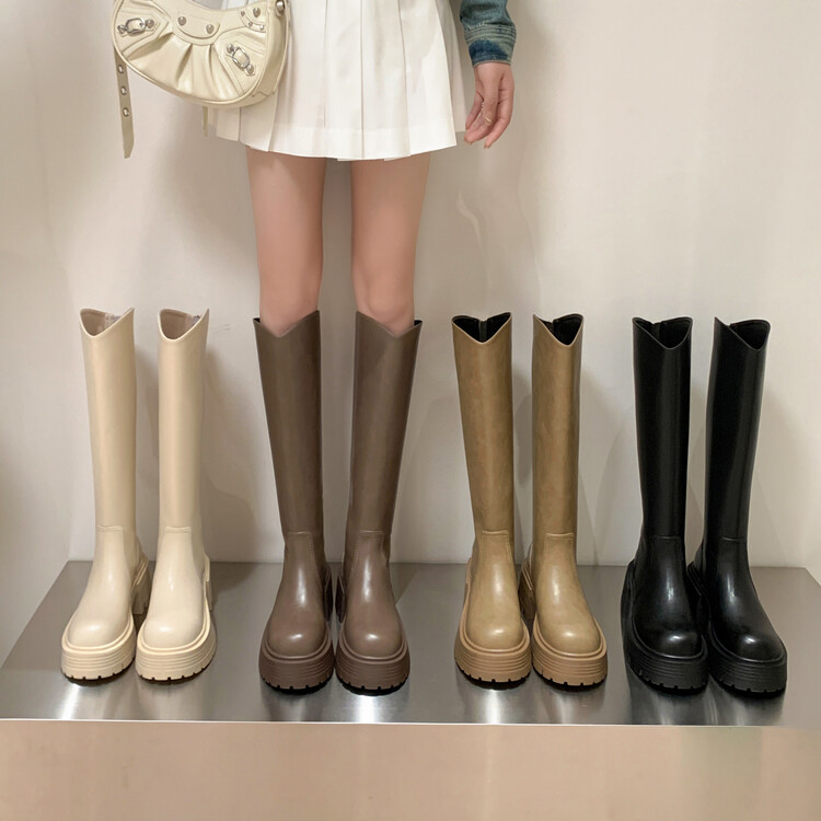 【牛皮】跟高6cm个性小众高筒靴秋冬百搭真皮V口厚底骑士靴