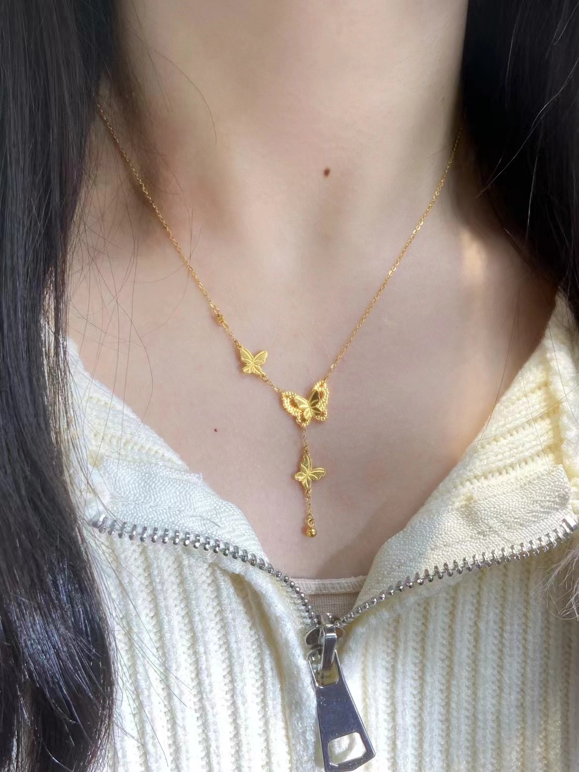 合金项链 双层蝴蝶结项链ins时尚气质轻奢高级感精美金色仙女套链