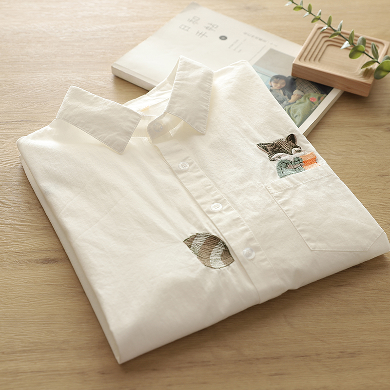 春秋文艺刺绣白色衬衫女长袖纯棉内搭打底衬衣纯色简约风冬季加绒