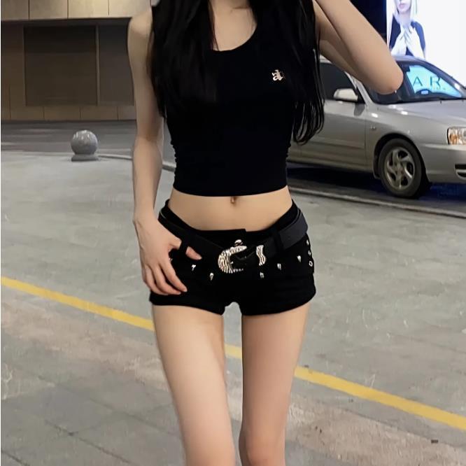 网红同款春夏辣妹y2k复古夜店性感低腰包臀铆钉牛仔超短裤送腰带