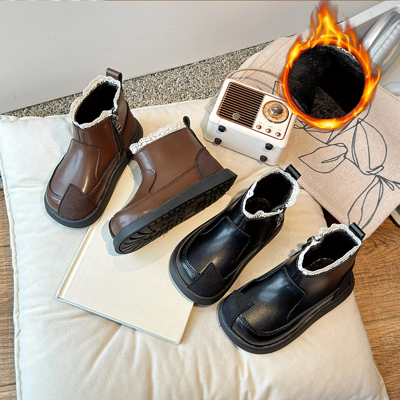 儿童皮靴2025秋冬新款女童加绒二棉短靴宝宝防滑软底马丁靴公主鞋