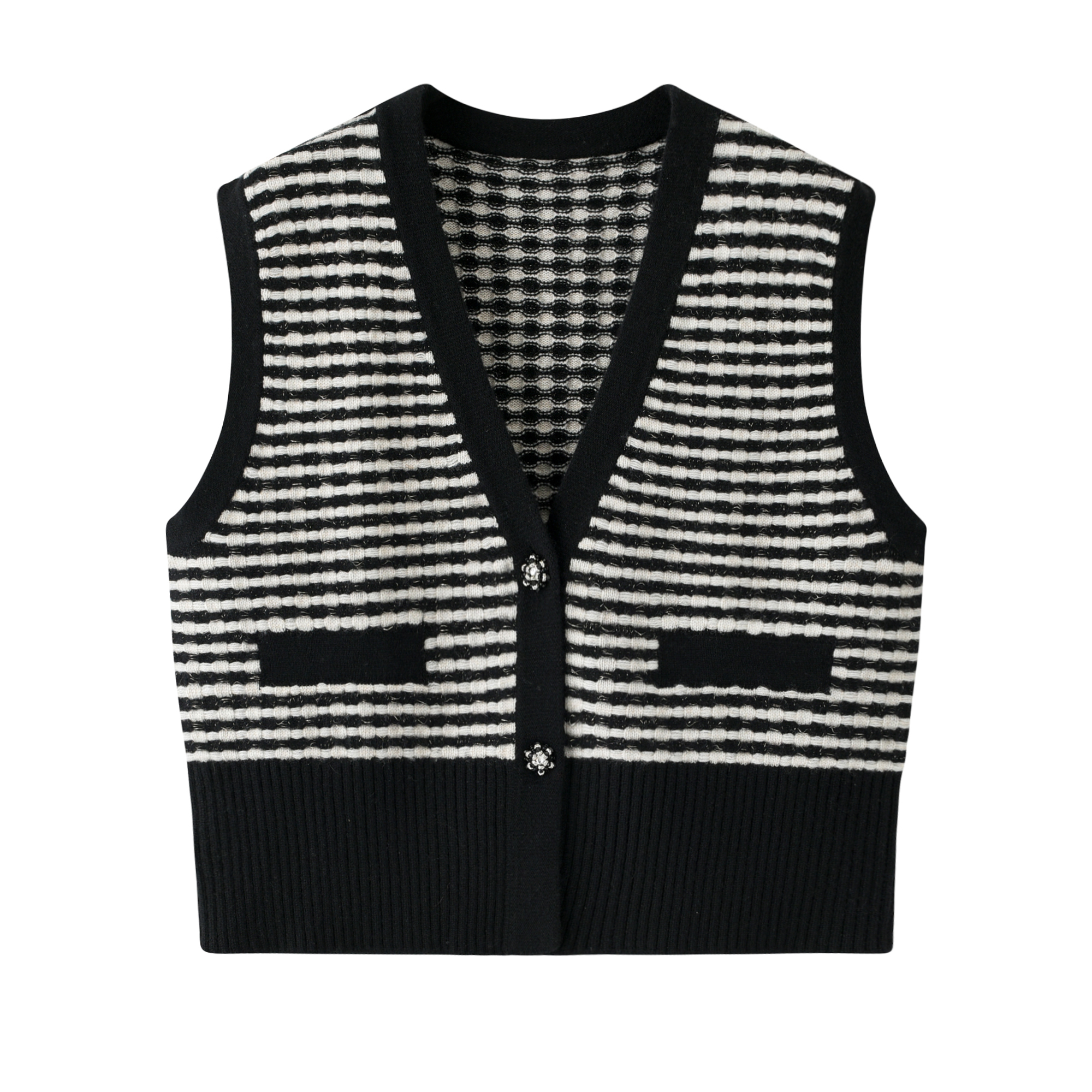 原产地鄂尔多斯市山羊绒V领搓板针女坎肩春秋时尚宽松条纹秋季