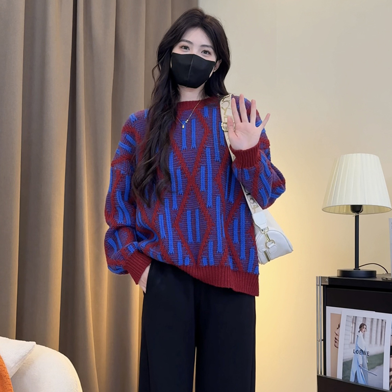 针织衫慵懒风套头时尚冬季百搭毛衣条纹休闲宽松圆领撞色韩版长袖