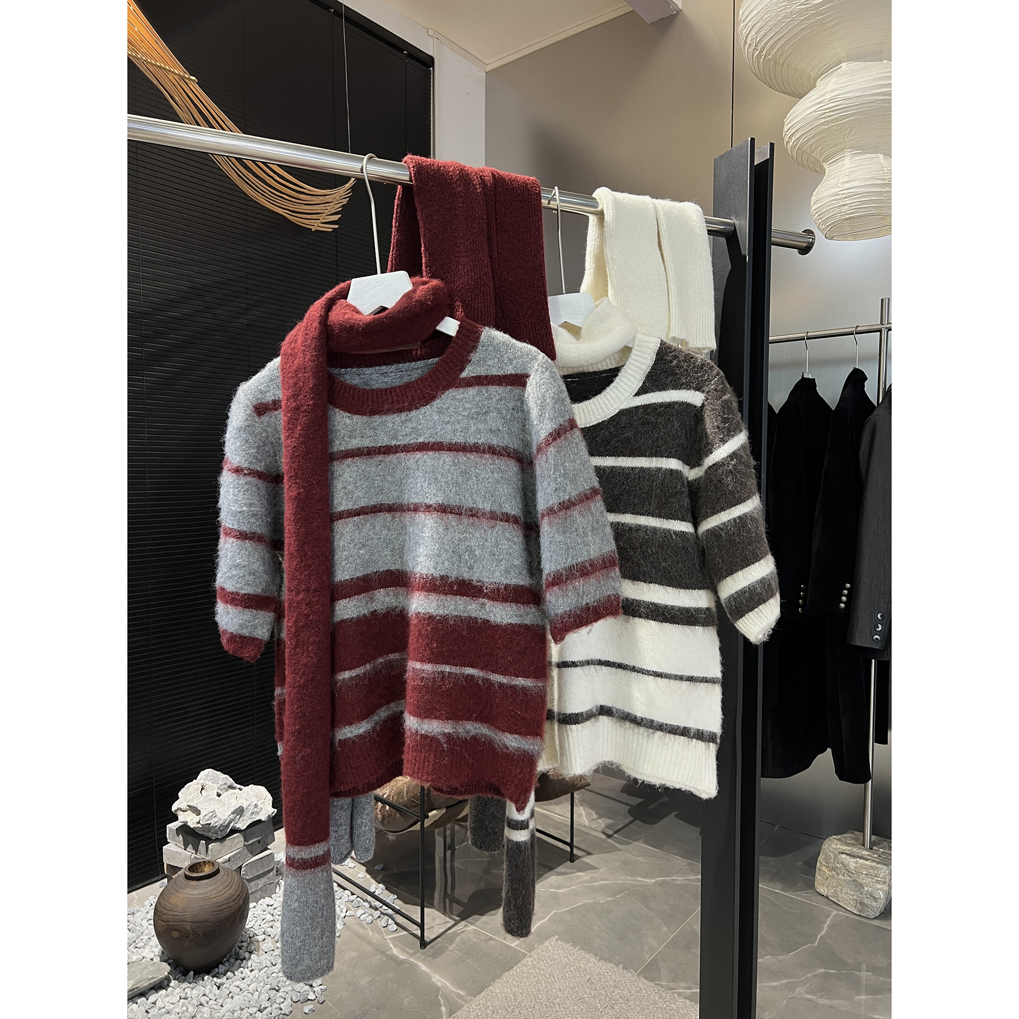 三件套毛绒条纹短袖毛衣L1016（清）