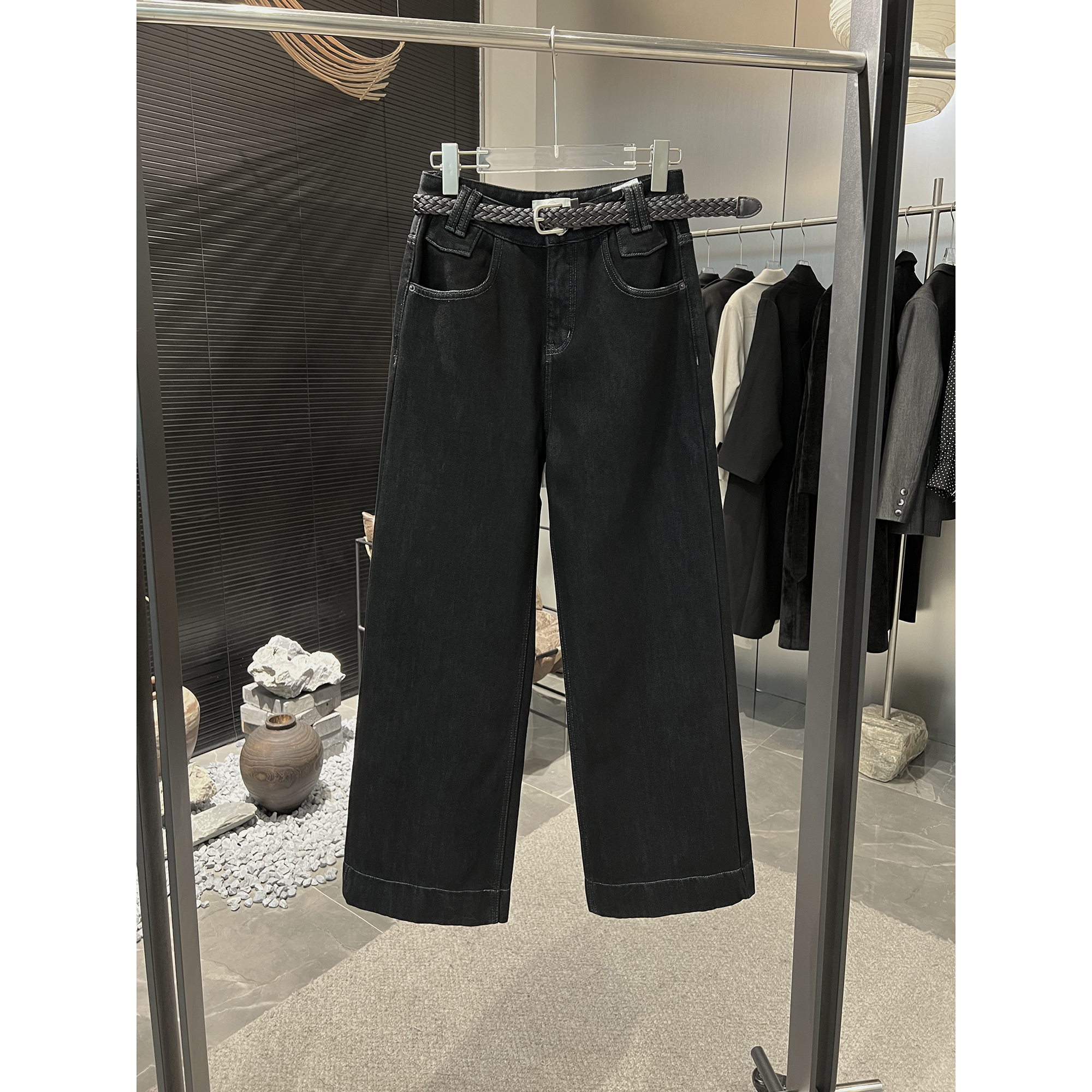 加厚复合绒黑色阔腿直筒牛仔裤98168（清）