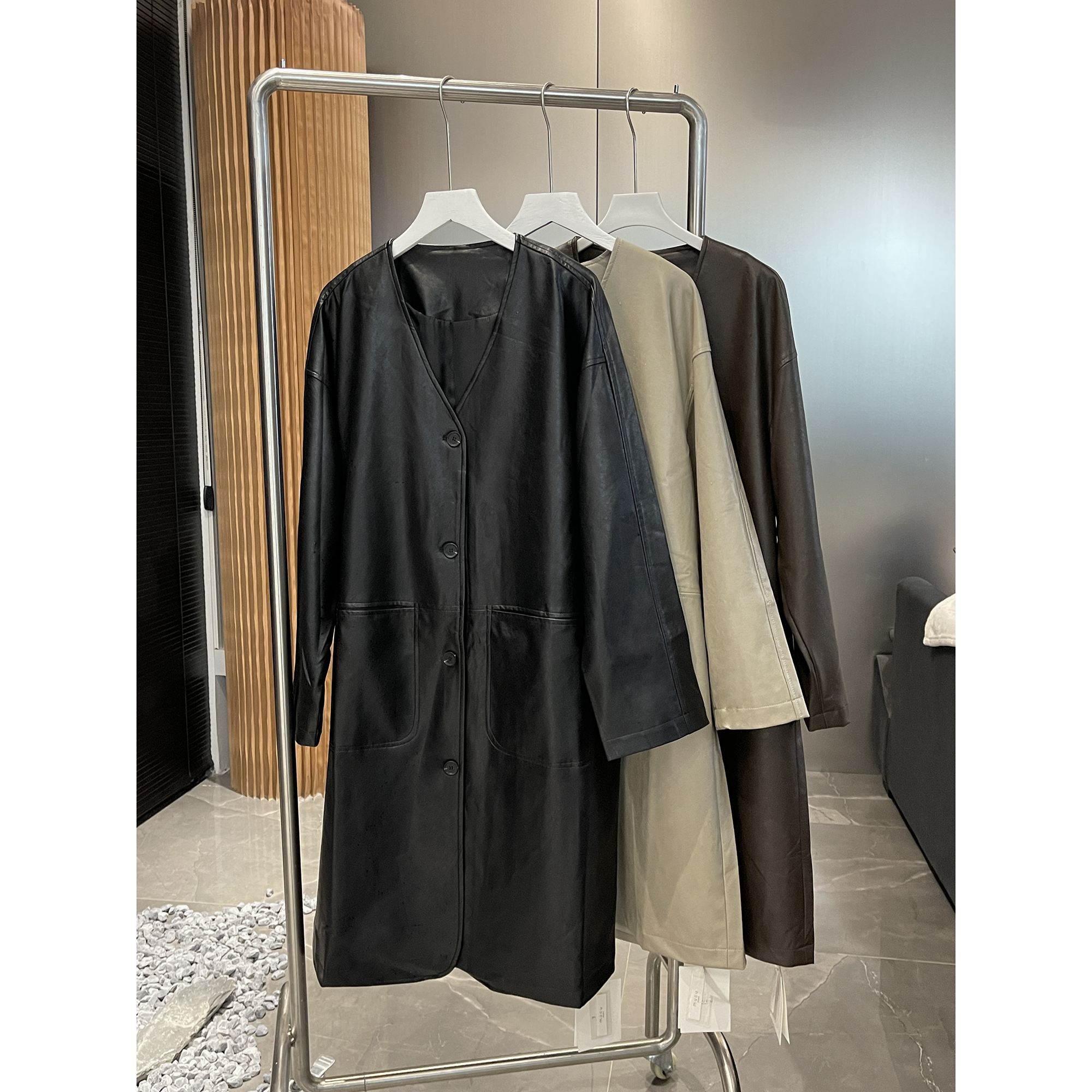 中长款V领皮衣外套M5516（清）