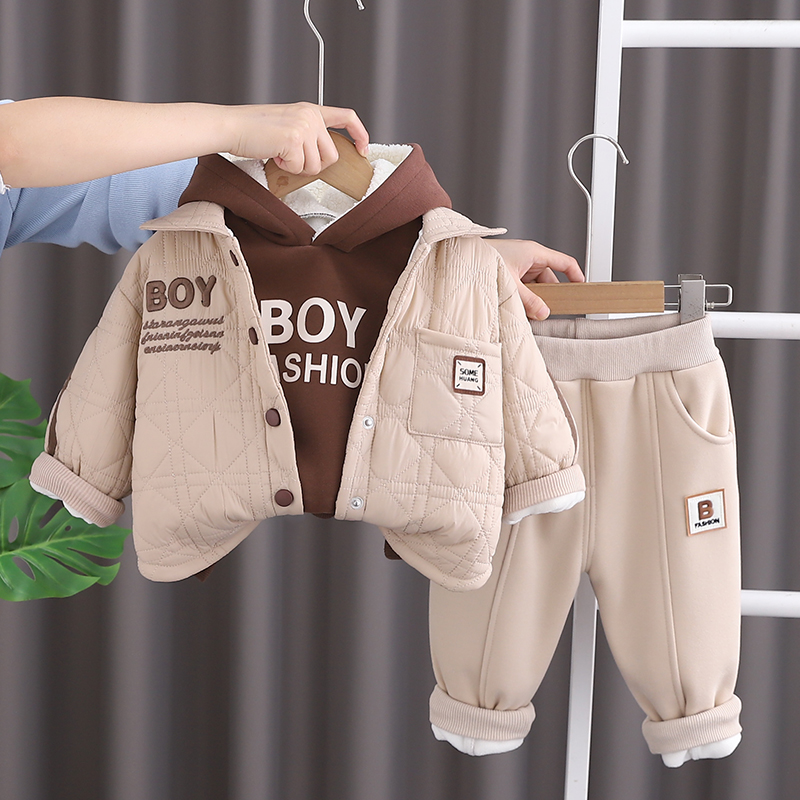 男童加绒套装儿童帅气时髦秋冬装加厚2025新款宝宝夹棉外套三件套