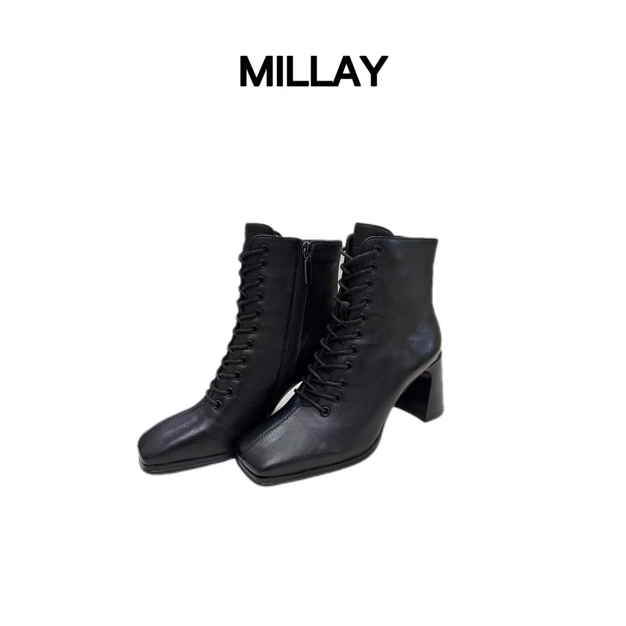 MILLAY/女鞋推荐 时尚气质粗跟系带方头单里高跟靴