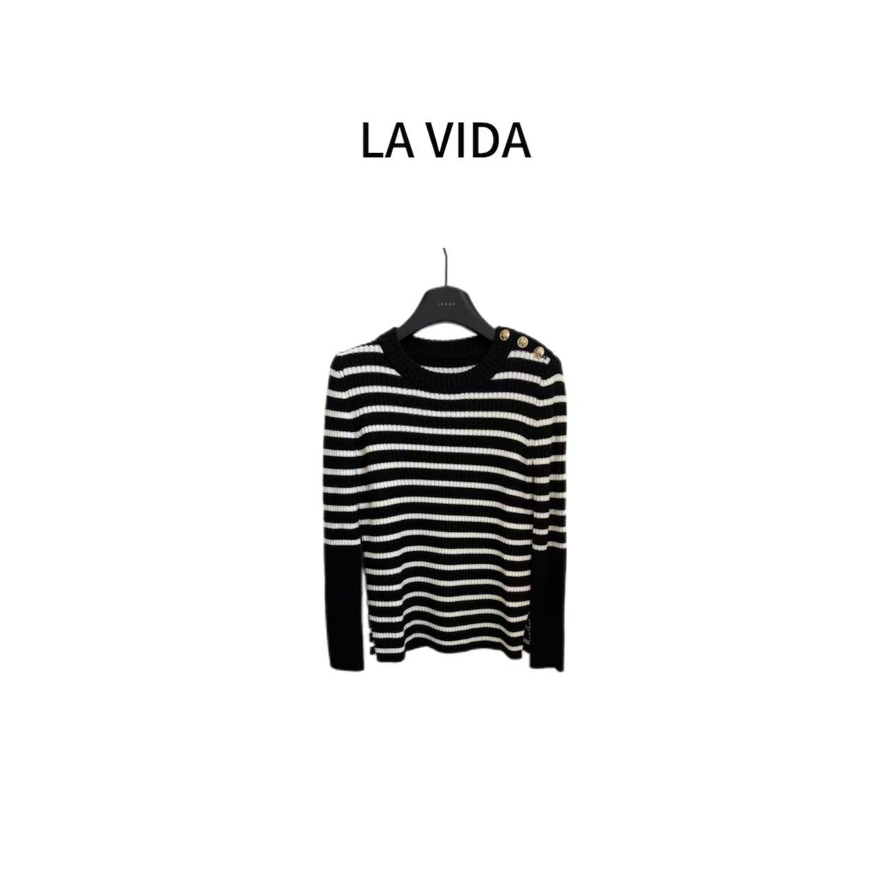 LA VIDA-「条纹控」订单品质条纹金扣毛衫