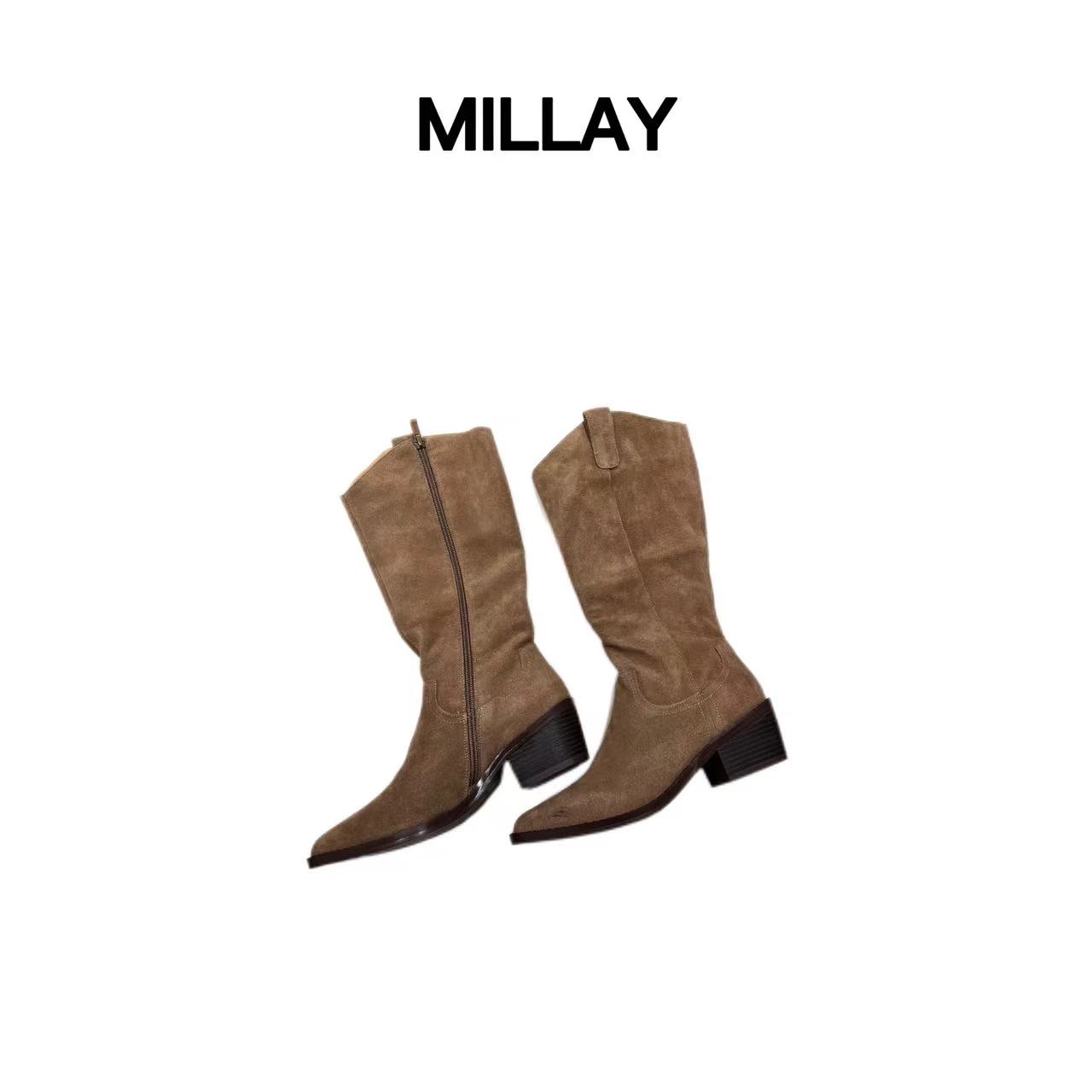 MILLAY/女鞋推荐 冬季西部时尚柔软尖头时装骑士靴