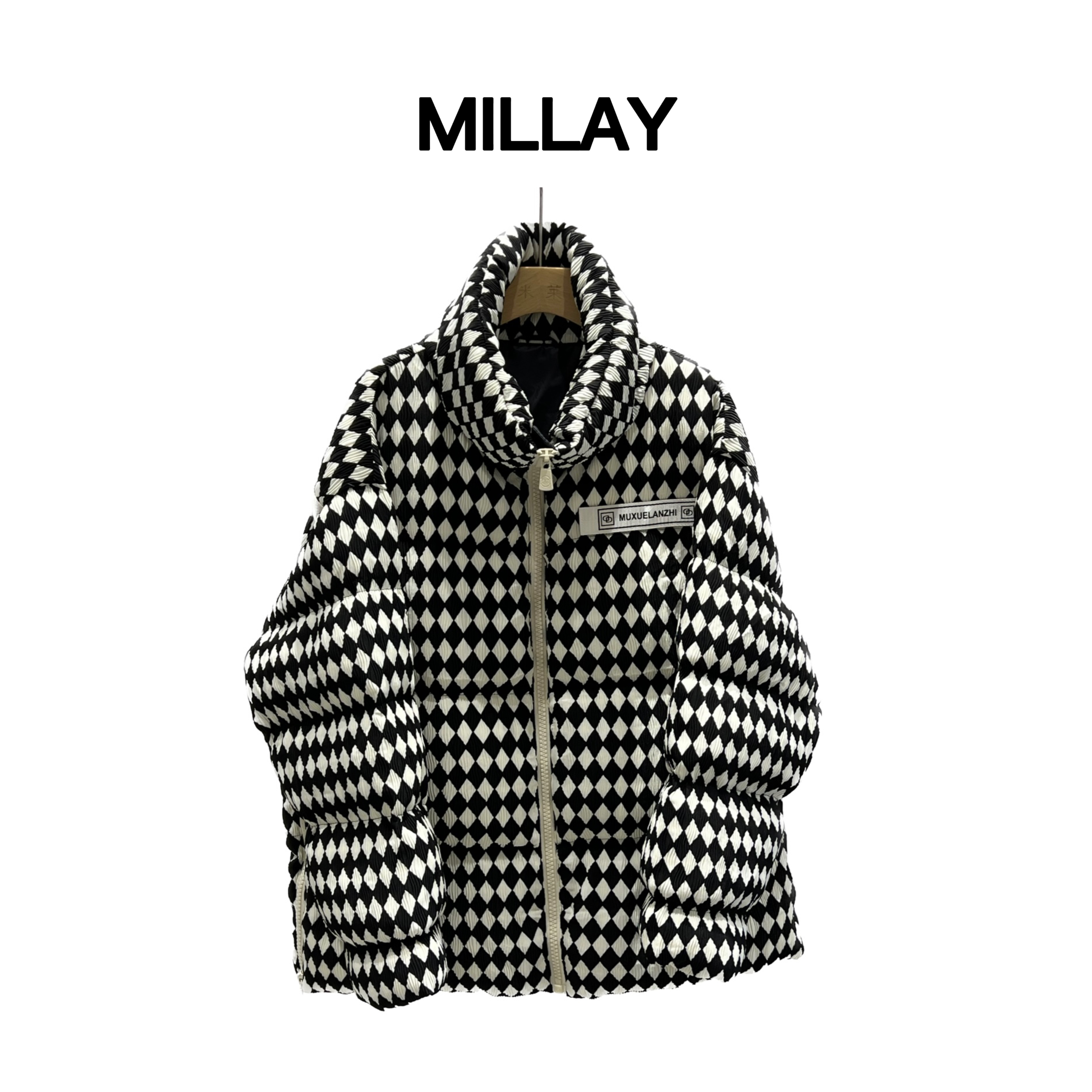 LA VIDA-冬季加厚黑白菱格时尚设计感短外套