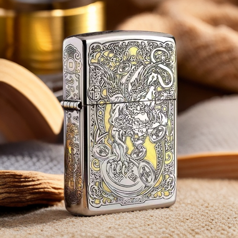 zippo打火机正版镀铬祥云貔貅防风煤油打火机送男士礼物DYJ1