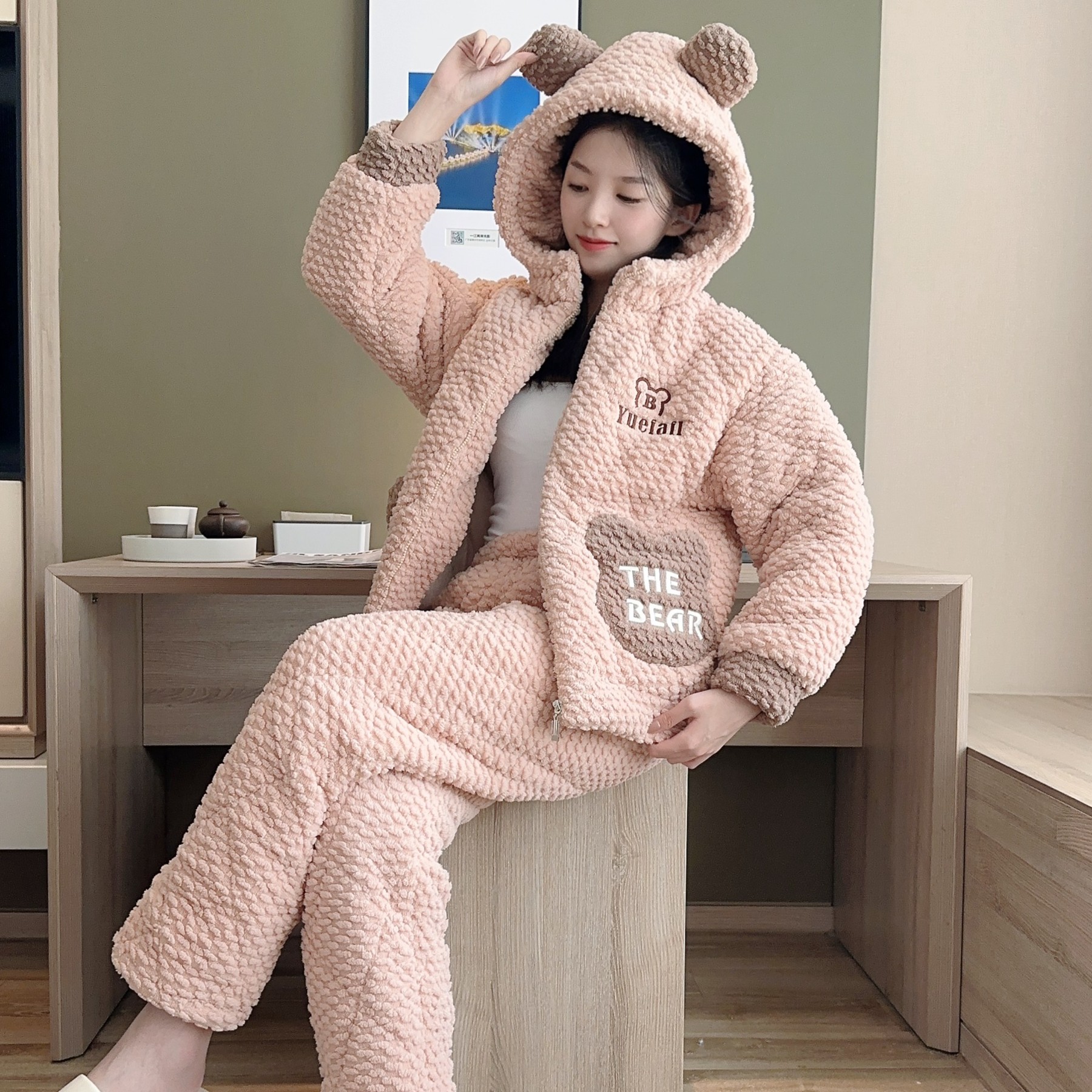 女士特厚三层夹棉冬天加厚加绒睡衣女冬季保暖家居服套装超厚冬款