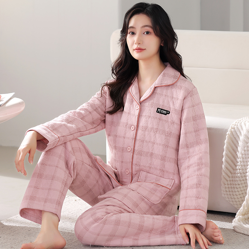 浪莎夹层女士睡衣秋冬季长袖翻领纯棉加厚全棉保暖休闲家居服套装