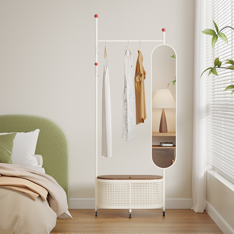 棠克奶油风落地旋转全身镜衣帽架一体家用多功能穿衣镜挂衣架镜子
