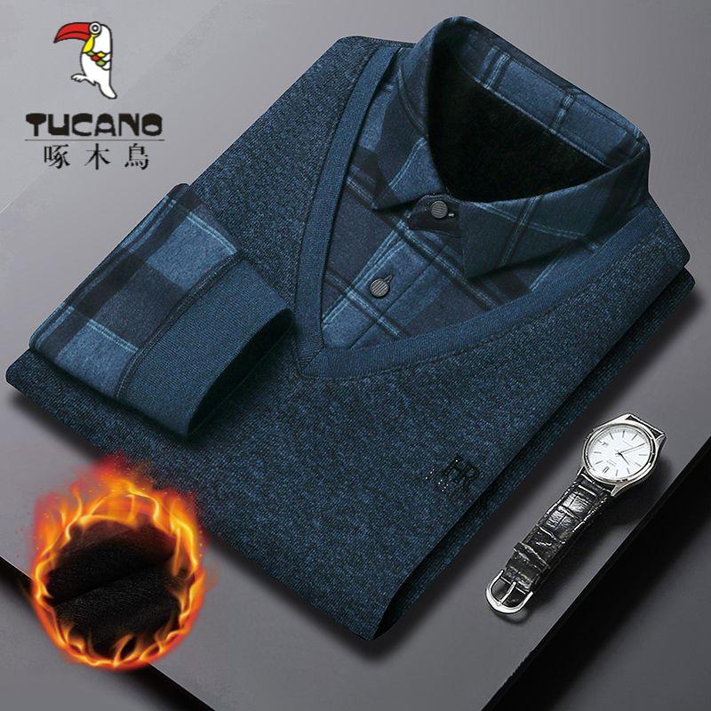 啄木鸟高档格子假两件加绒加厚保暖毛衣针织POLO衫男士保暖打底衫