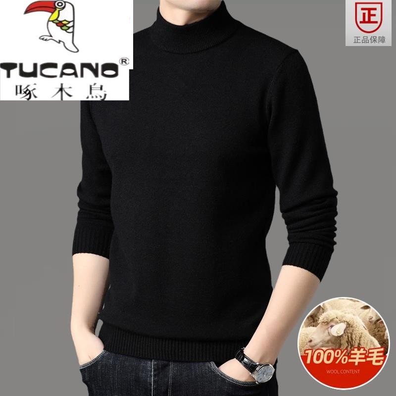 啄木鸟集团半高领羊毛衫男毛衣冬季加厚保暖打底衫纯色高领针