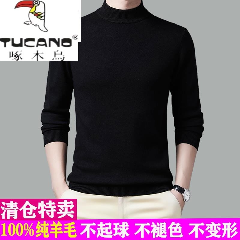 啄木鸟集团秋冬男士半高领加厚毛衣100纯羊毛衫保暖针织羊绒打底