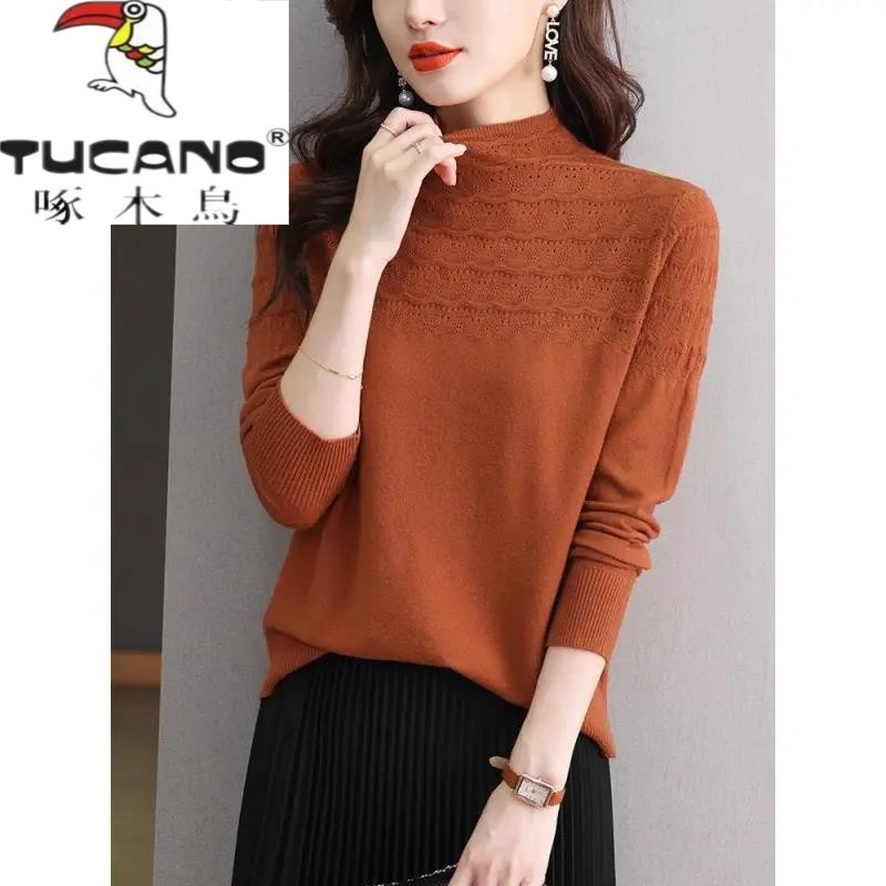 啄木鸟集团羊毛衫女秋冬内搭毛衣百搭半高领针织衫短款宽松打底