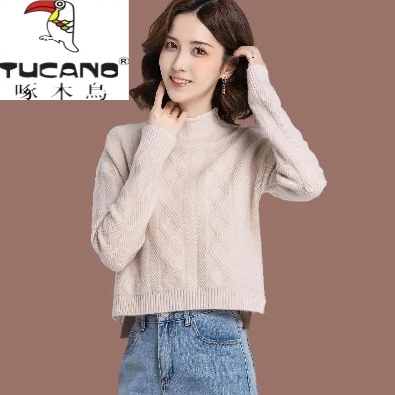 啄木鸟集团羊毛半高领毛衣女士短款秋冬洋气内搭高腰小个子配裙