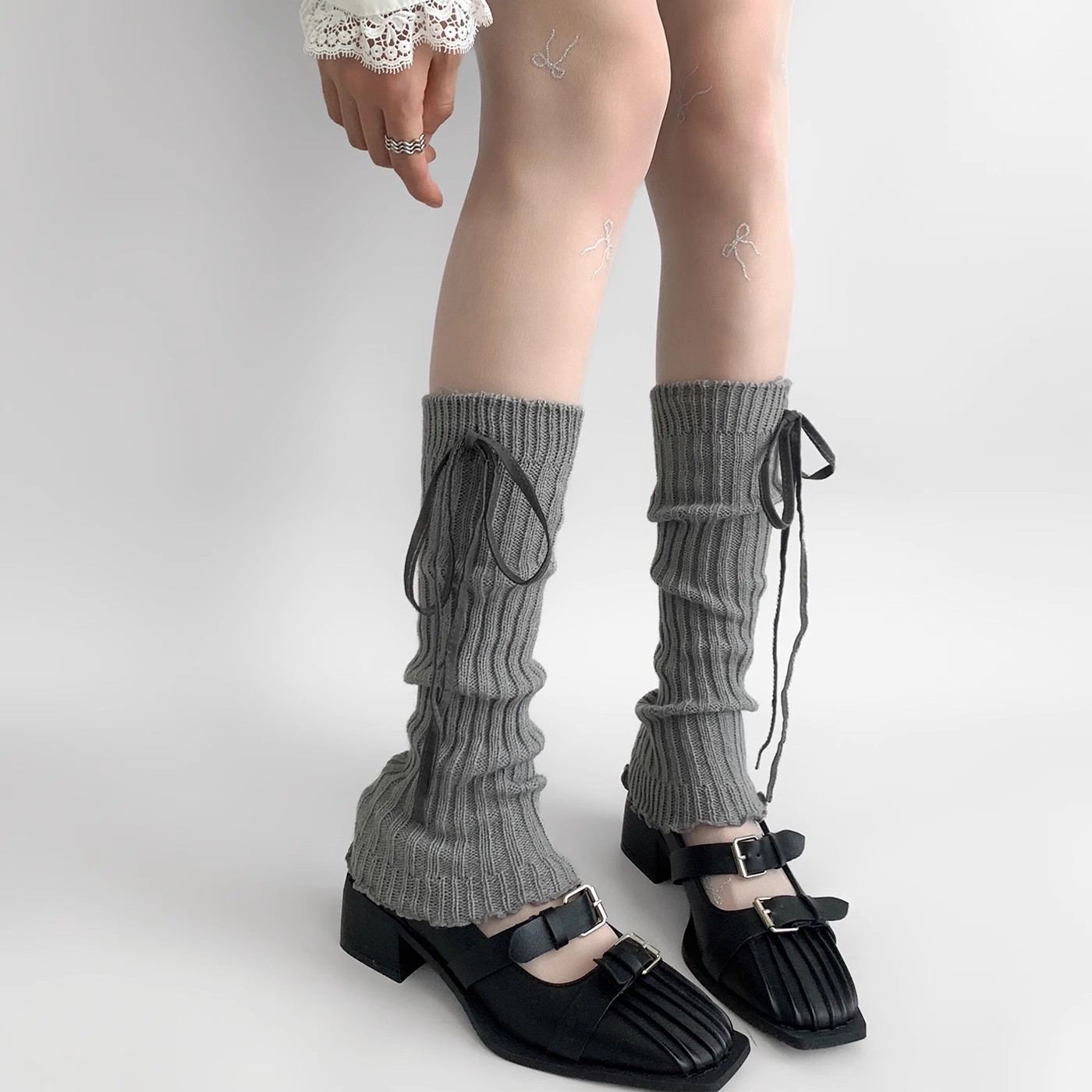 夜间教习室灰色袜套堆堆袜女春秋韩系花边蝴蝶结洛丽塔袜子小腿套