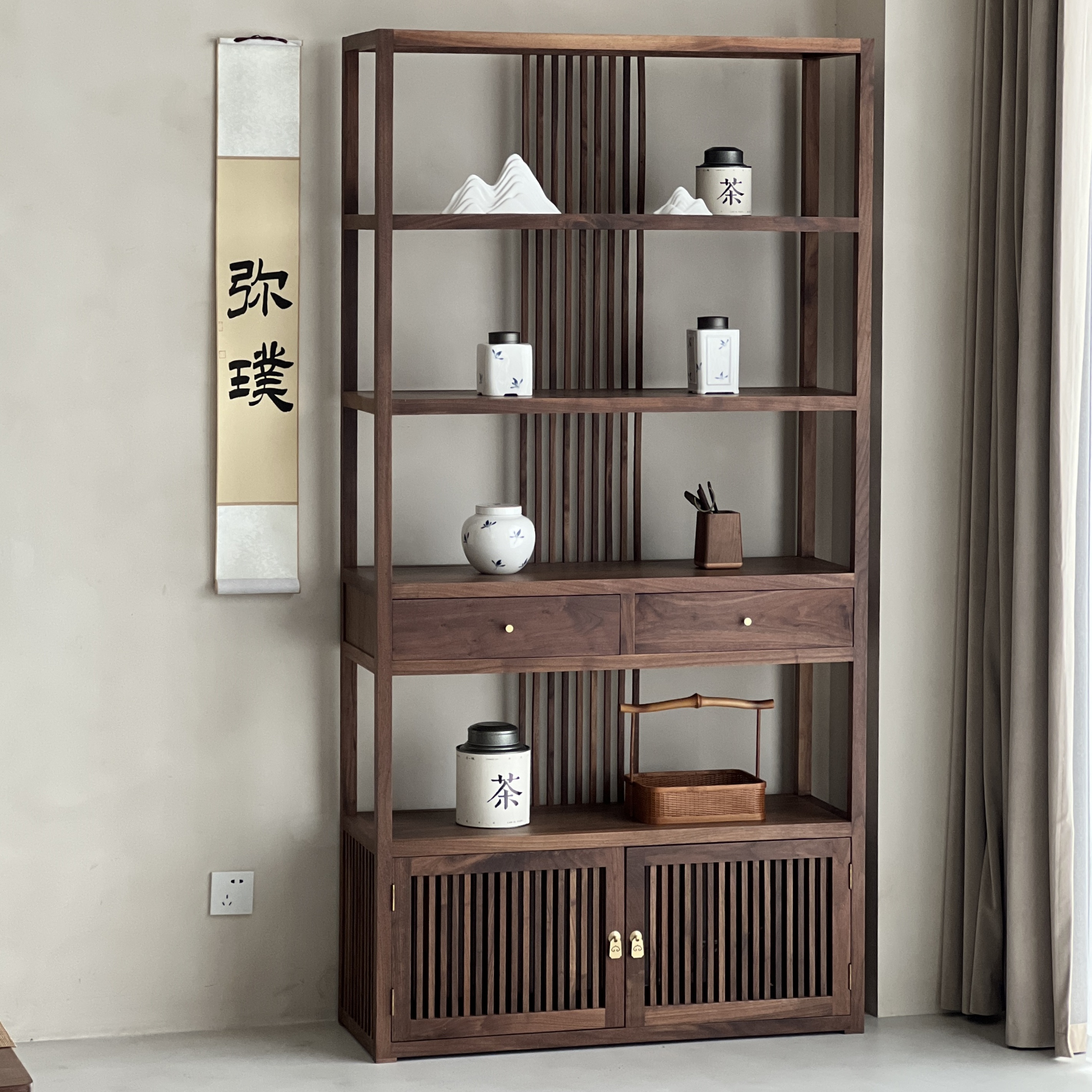 敲云[素简背条柜]黑胡桃木茶室博古架茶具收纳展示柜实木置物家用