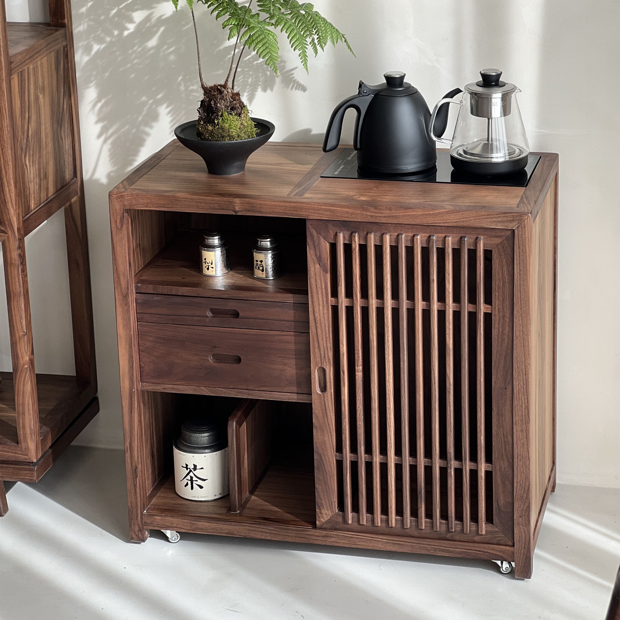 敲云[格栅门茶水车]黑胡桃木实木茶柜客厅矮柜茶室烧水边柜泡茶台