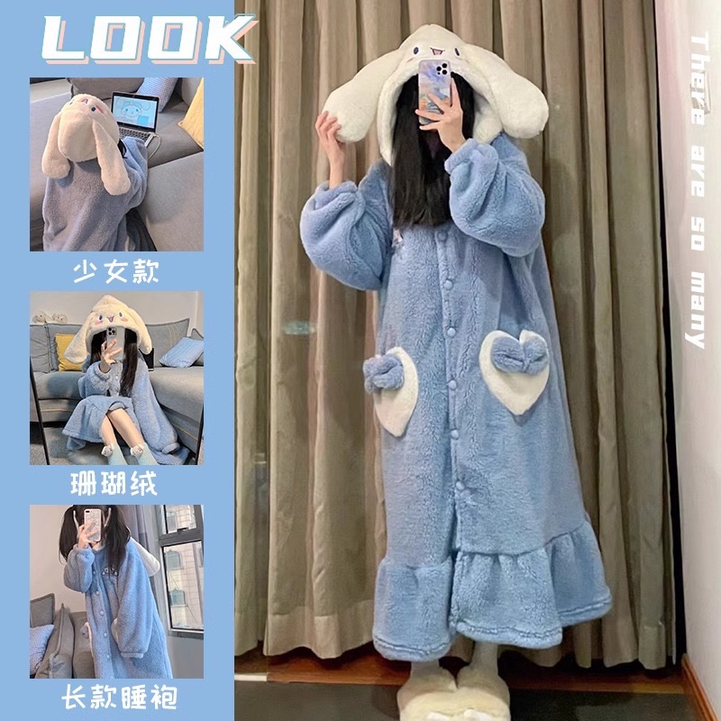 玉桂狗睡衣女秋冬季珊瑚绒卡通长款可外穿法兰绒大码冬季睡衣女