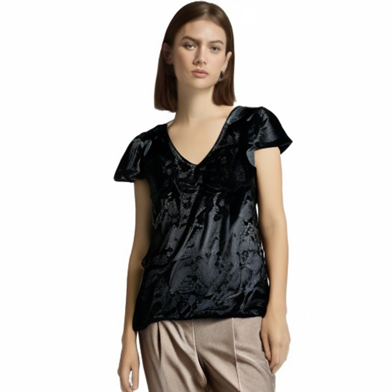 法式短袖金丝绒上衣女喇叭袖V领弹力修身打底衫百搭时尚休闲上衣