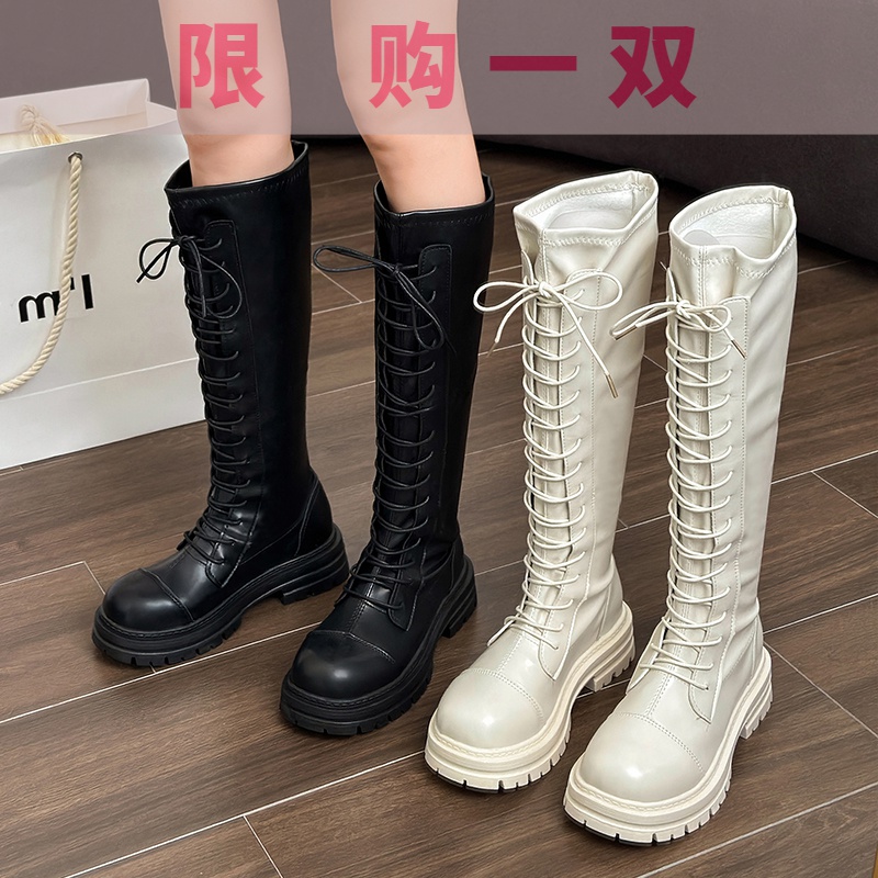 红蜻蜓牌长筒靴女骑士靴秋冬系带厚底女鞋高筒瘦瘦靴白色小个子潮