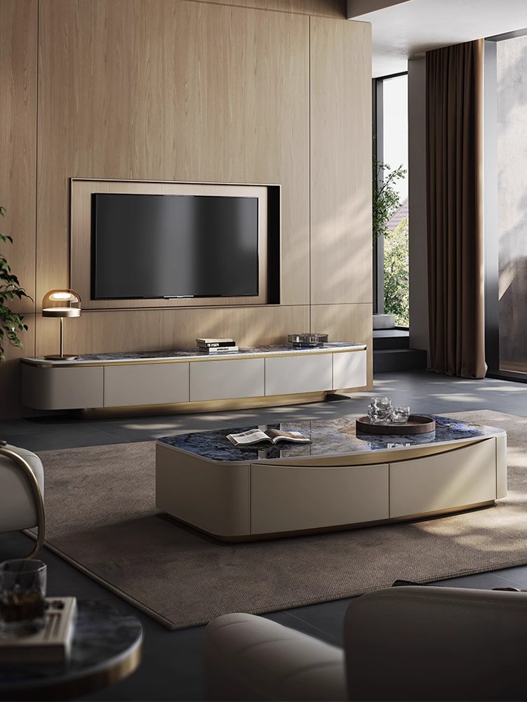 岩板茶几现代简约客厅家用小户型意式极简马鞍皮长方形电视柜组合