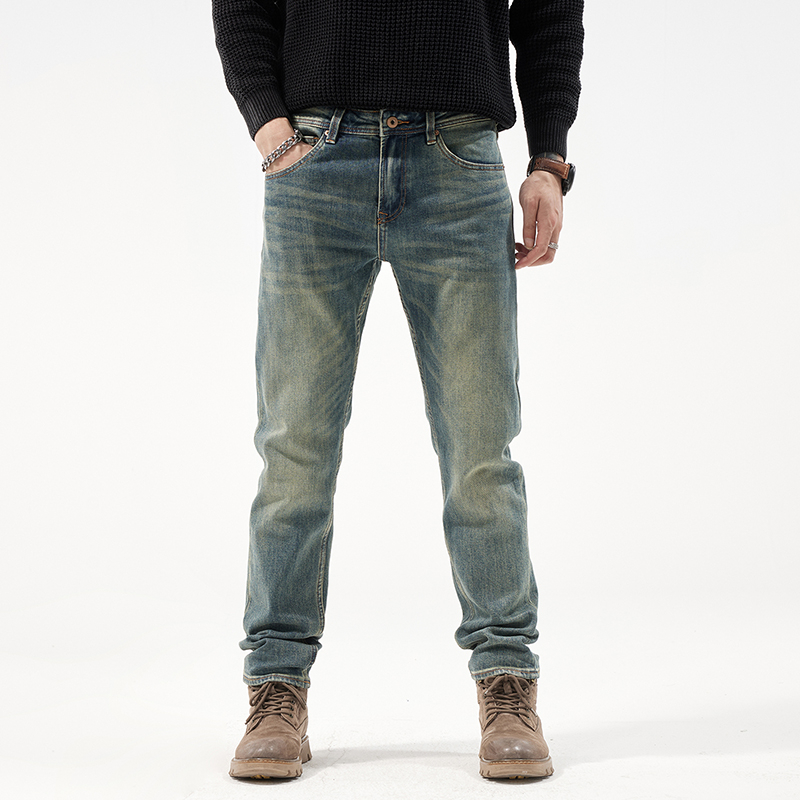 0365秋冬复古牛仔水洗中腰修身弹力作旧牛仔长裤子直筒牛仔裤休闲