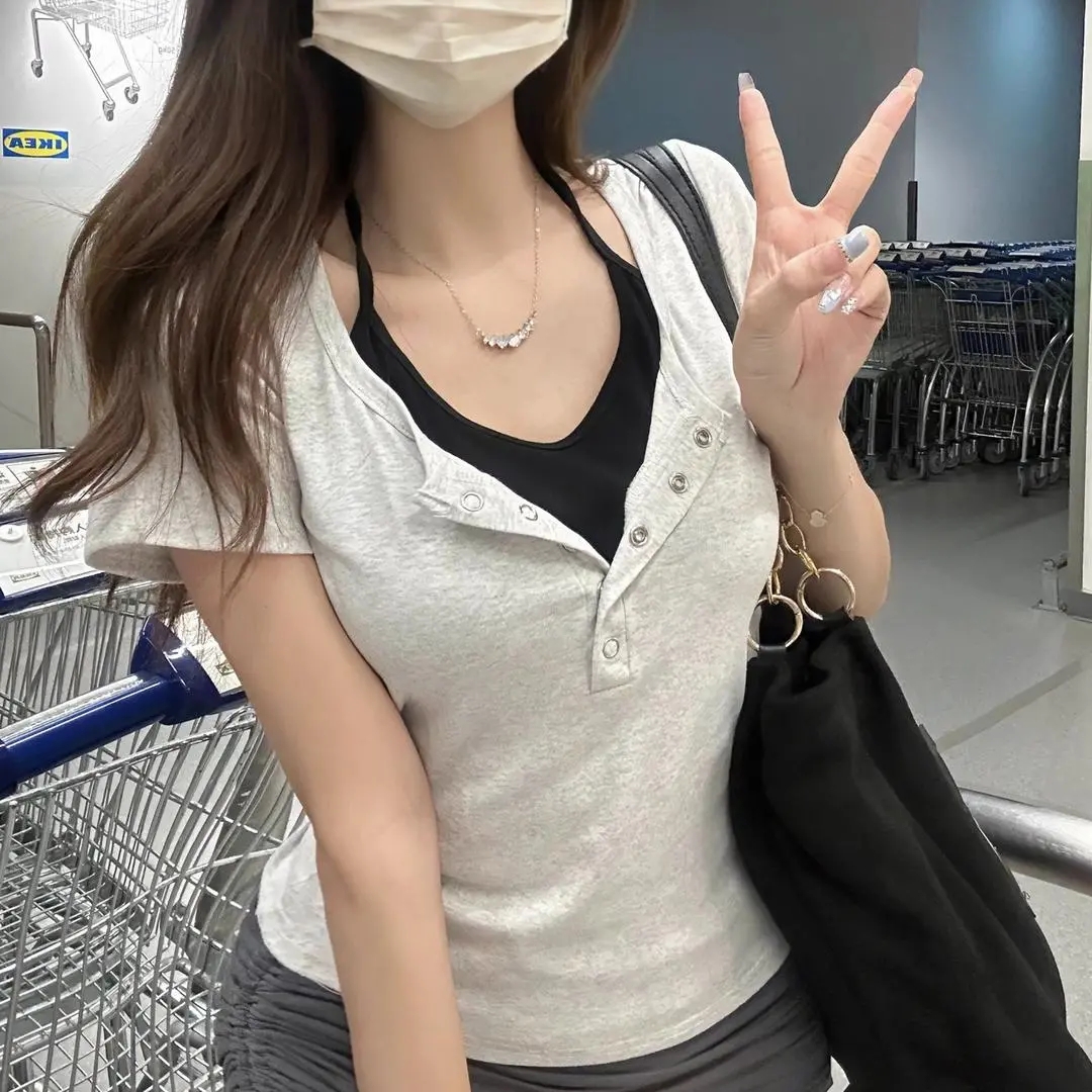 正肩t恤短袖女夏季美式上衣修身显瘦假两件挂脖设计感小众休闲风