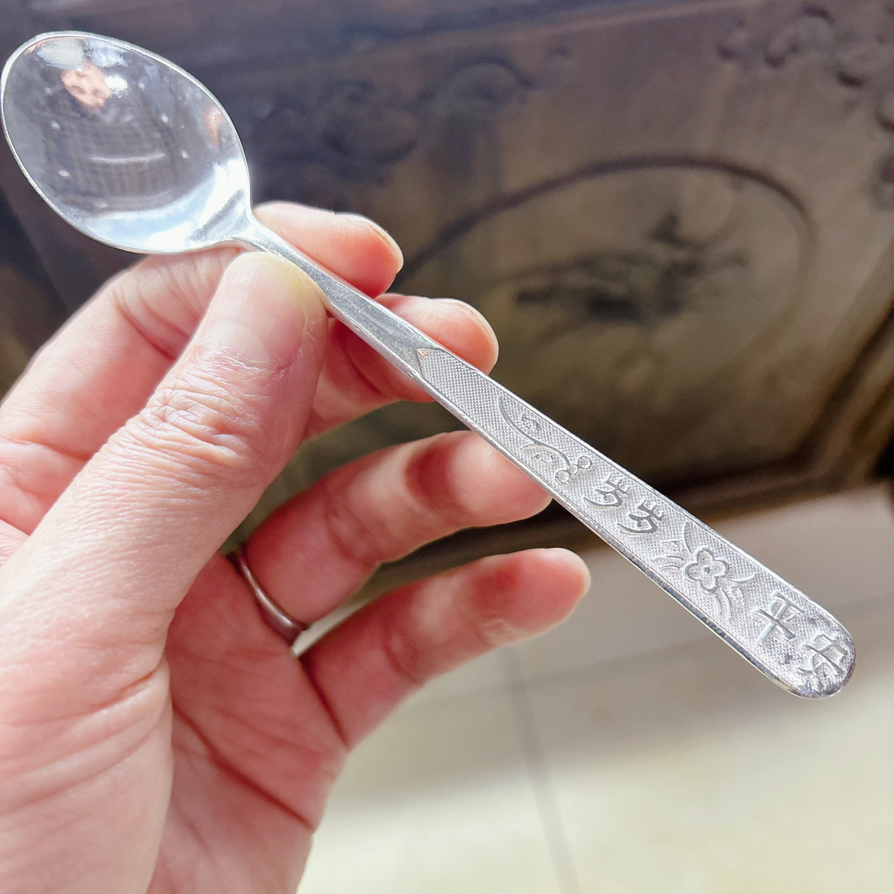 足银银制品 贵人银都实心镶嵌银勺子足银999手工宝宝吃饭勺礼物