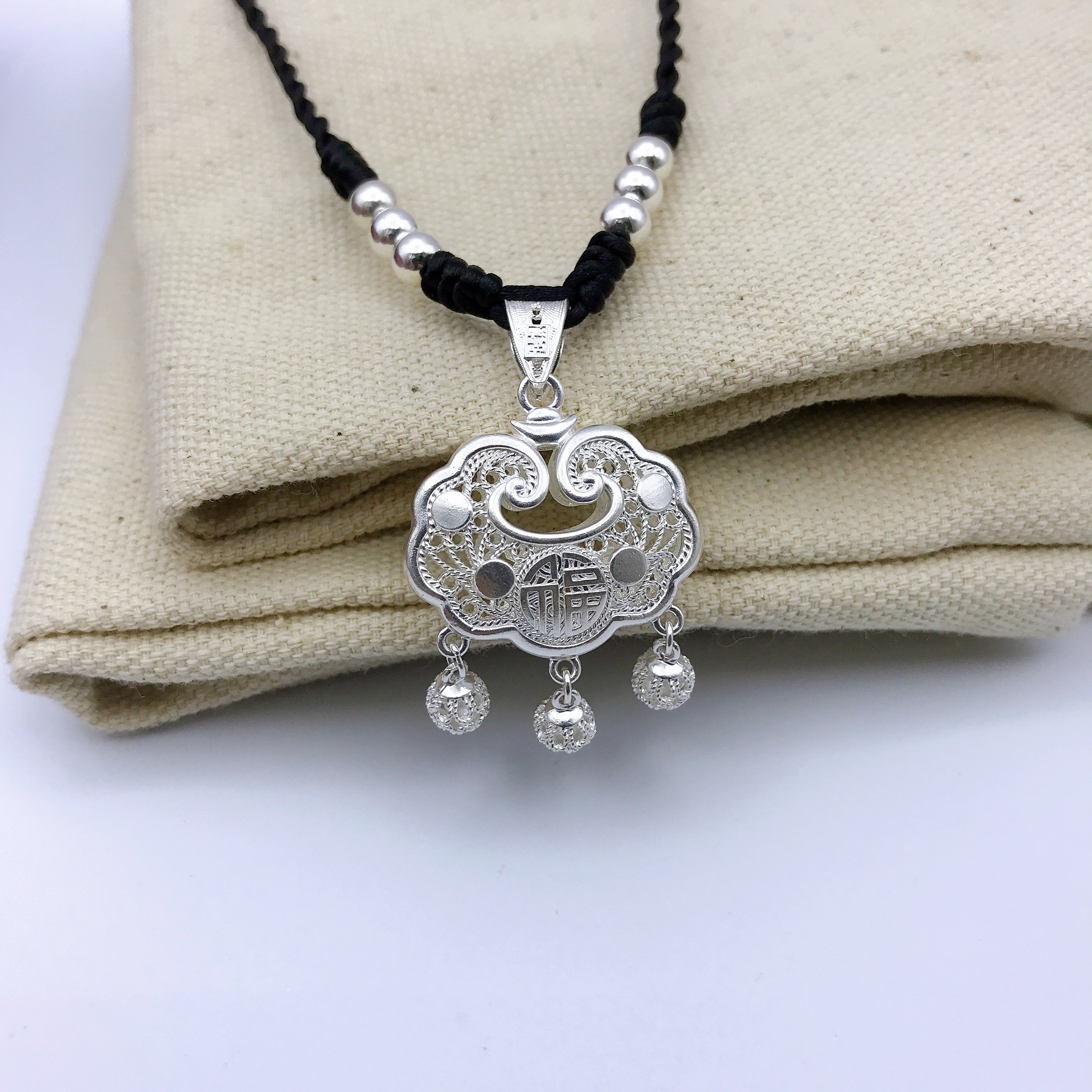 坠链均足银 足银福锁平安锁纯银镂空吊坠项链大人儿童锁牌挂坠