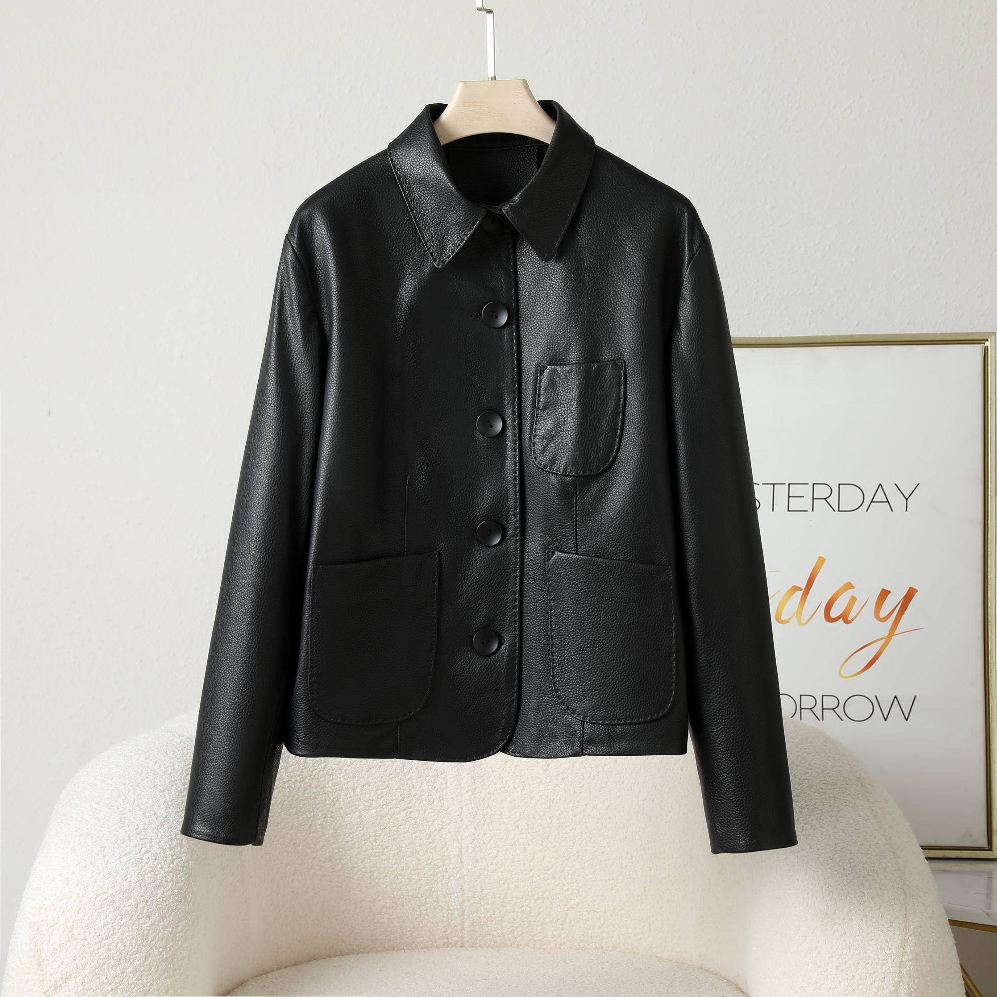 海宁头层山羊皮女装上衣短款皮衣时尚真皮翻领春秋