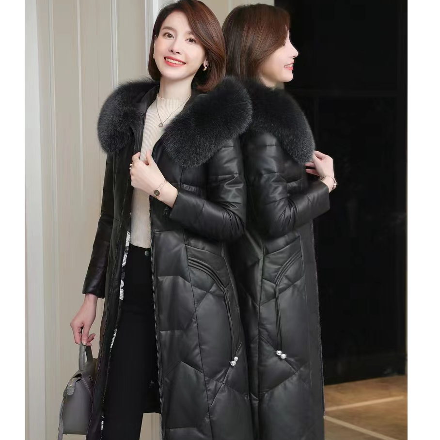 头层绵羊皮中长款皮衣皮衣女外套女装显瘦鹅绒服时尚真皮加厚