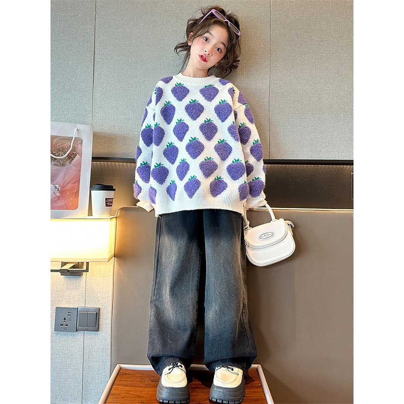 秋冬款女童绣花毛衣2023新款儿童慵懒宽松针织外衣中大童洋气长袖