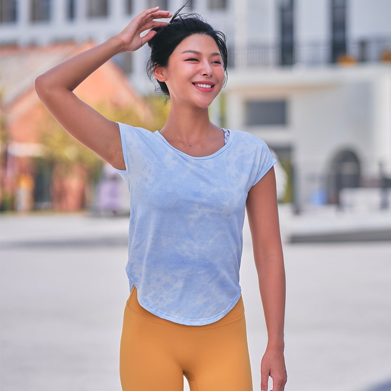 kk fitness扎染瑜伽上衣女短袖健身服跑步速干运动t恤休闲夏薄棉